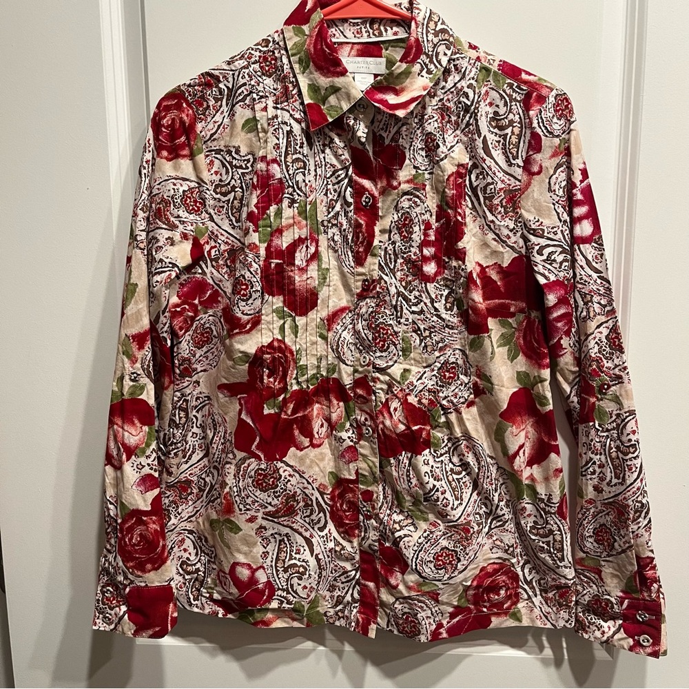 Charter Club Women's Size 10P Cotton Button-Down Top Red Floral.